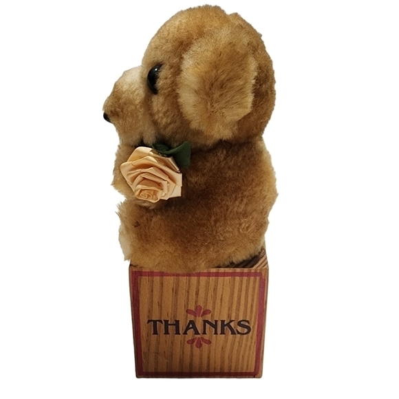 Vintage Thank you Bear on a block by Paula tiny plush bear holding a Rose - Picture 2 of 13